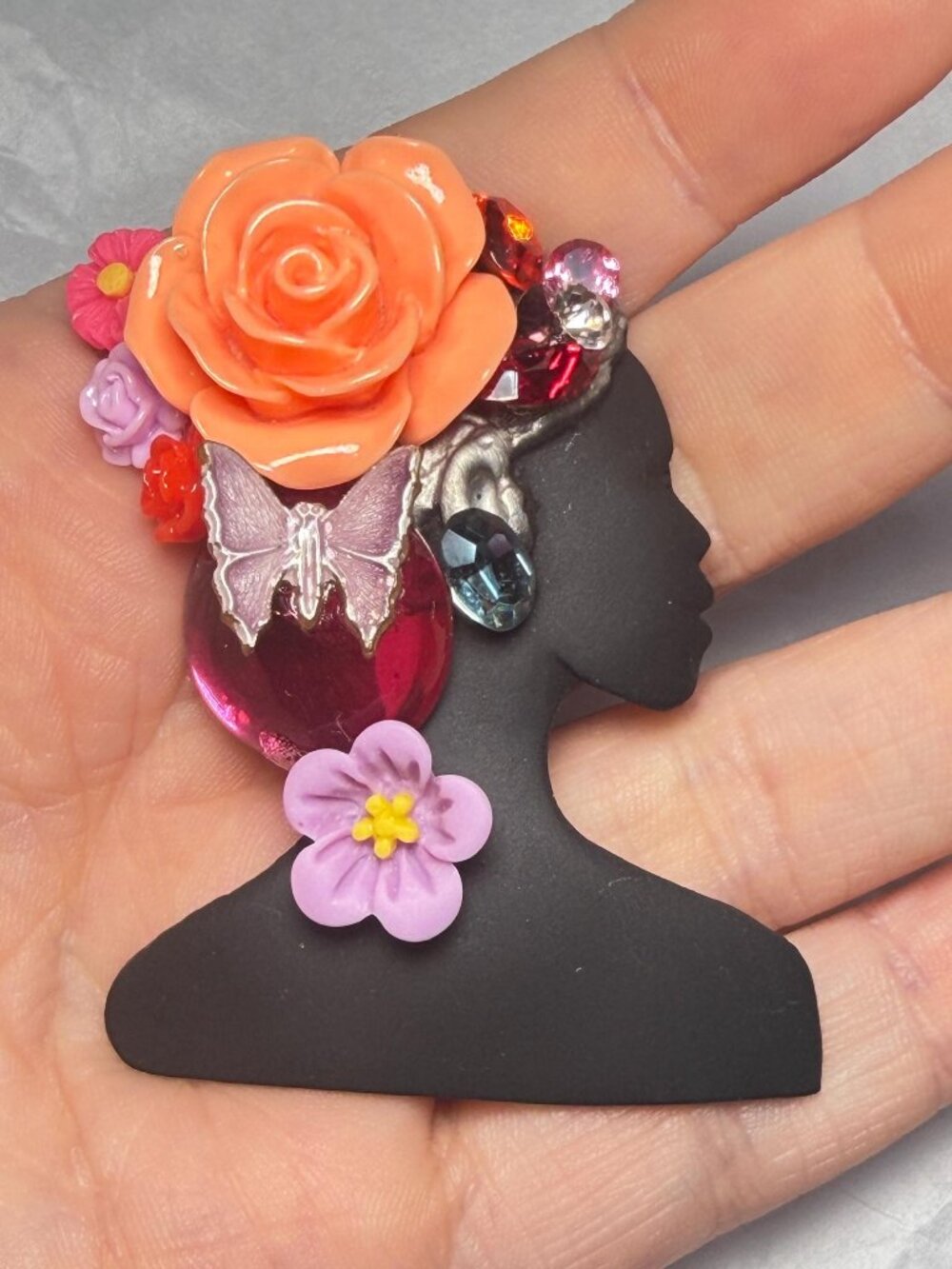 OOAK Lady Silhouette Brooch UltraCraft Upcycled Floral Butterfly Pin 2.25 inches